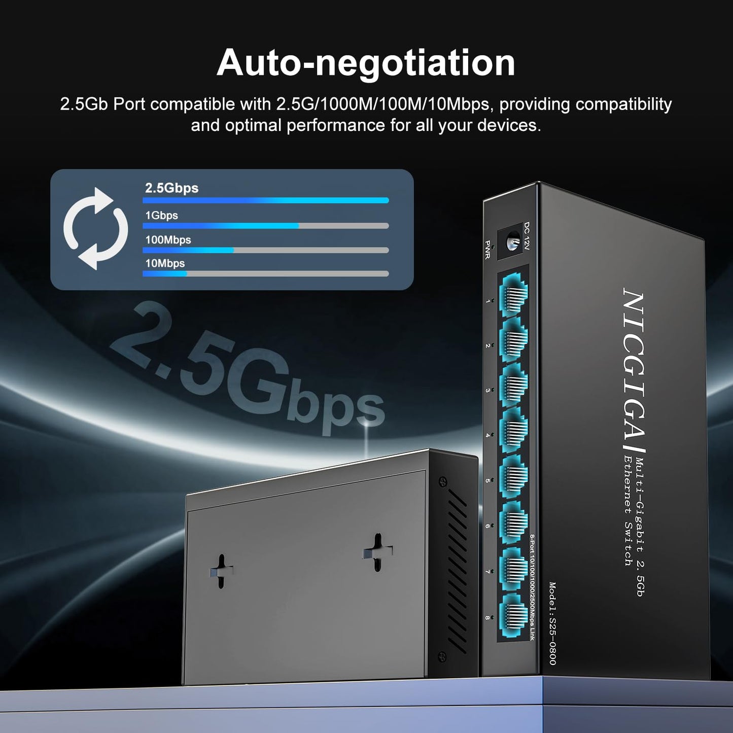 8 Port 2.5Gb Unmanaged Ethernet Switch with 8* 2.5Gbps Base-T Ports. NICGIGA 8 Port 2.5G Network Switch for 2.5Gbps NAS/PC, WiFi6 Router, Wireless AP