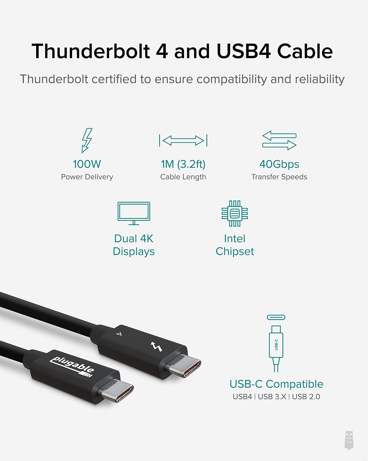 Plugable Thunderbolt 4 Cable [Thunderbolt Certified] - 3.3ft USB4 Cable with 100W Charging, Single 8K or Dual 4K Displays, 40Gbps Data Transfer |