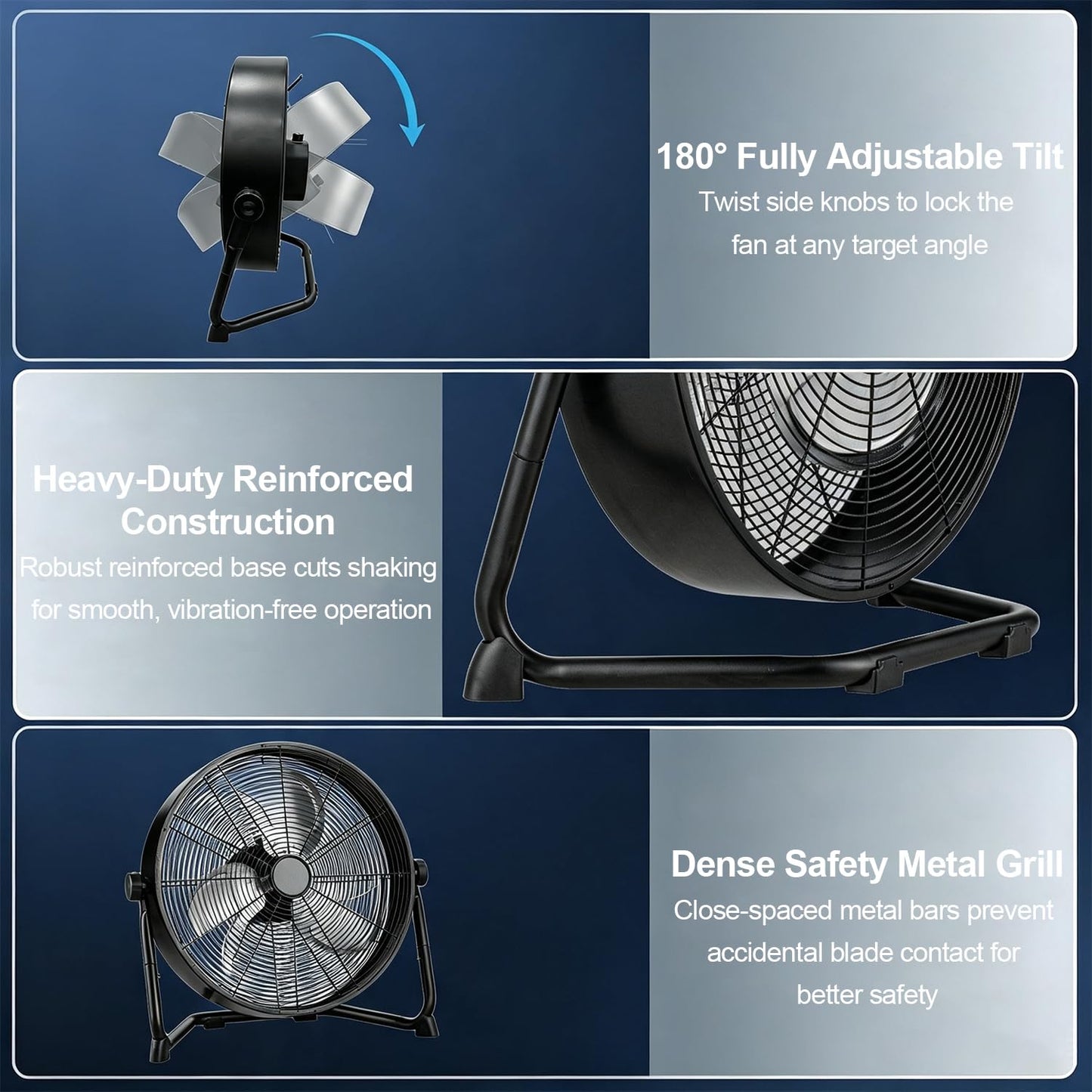 VortLab 18 Inch High Velocity Industrial Floor Fan, Stepless Variable Speed Metal Shop Fan, Multi-Angle Tilt, Dual Power Corded & Battery Operated