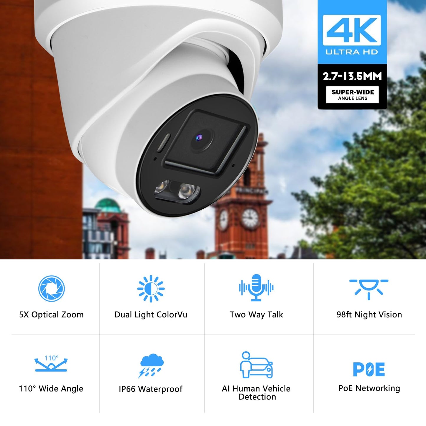 Tennoz 8MP 4K PoE IP Security Camera, H.265 Dome IP Camera with Smart Dual Light Colorvu, 5X Optical Zoom, Two Way Talk, SD Card Slot, 98ft Night