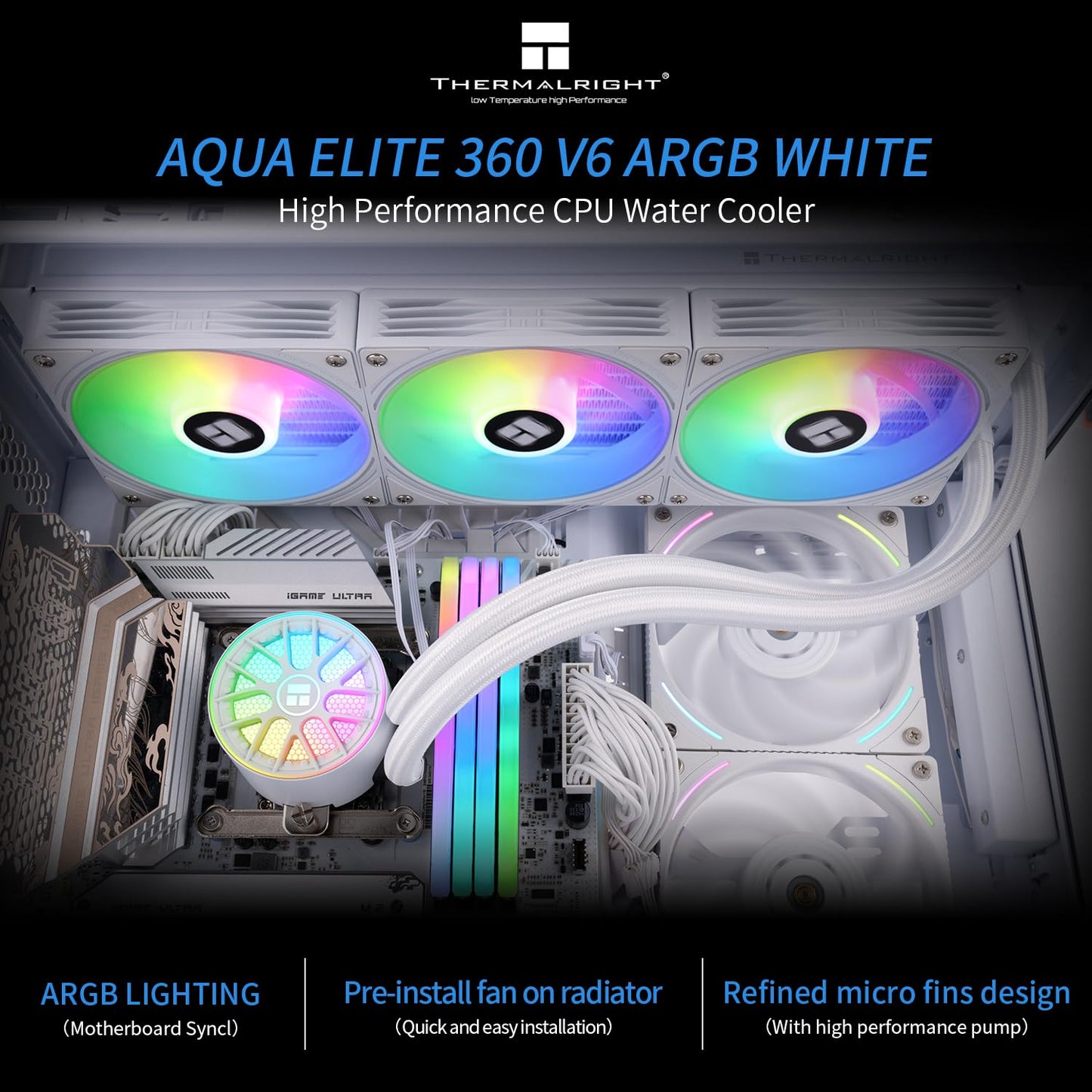 Thermalrlght Aqua Elite 360 V6 ARGB White AIO CPU Cooler, ARGB PWM Cooler Fans with 2000RPM, for Intel Lga1150/1151/1155/1156/1200/2011/1700/1851