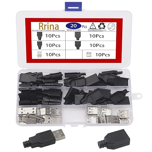 Rrina 20Pcs USB 2.0 Connector Type A Male Female 4 Pin Plug Jack Socket with Black Plastic Cover DIY