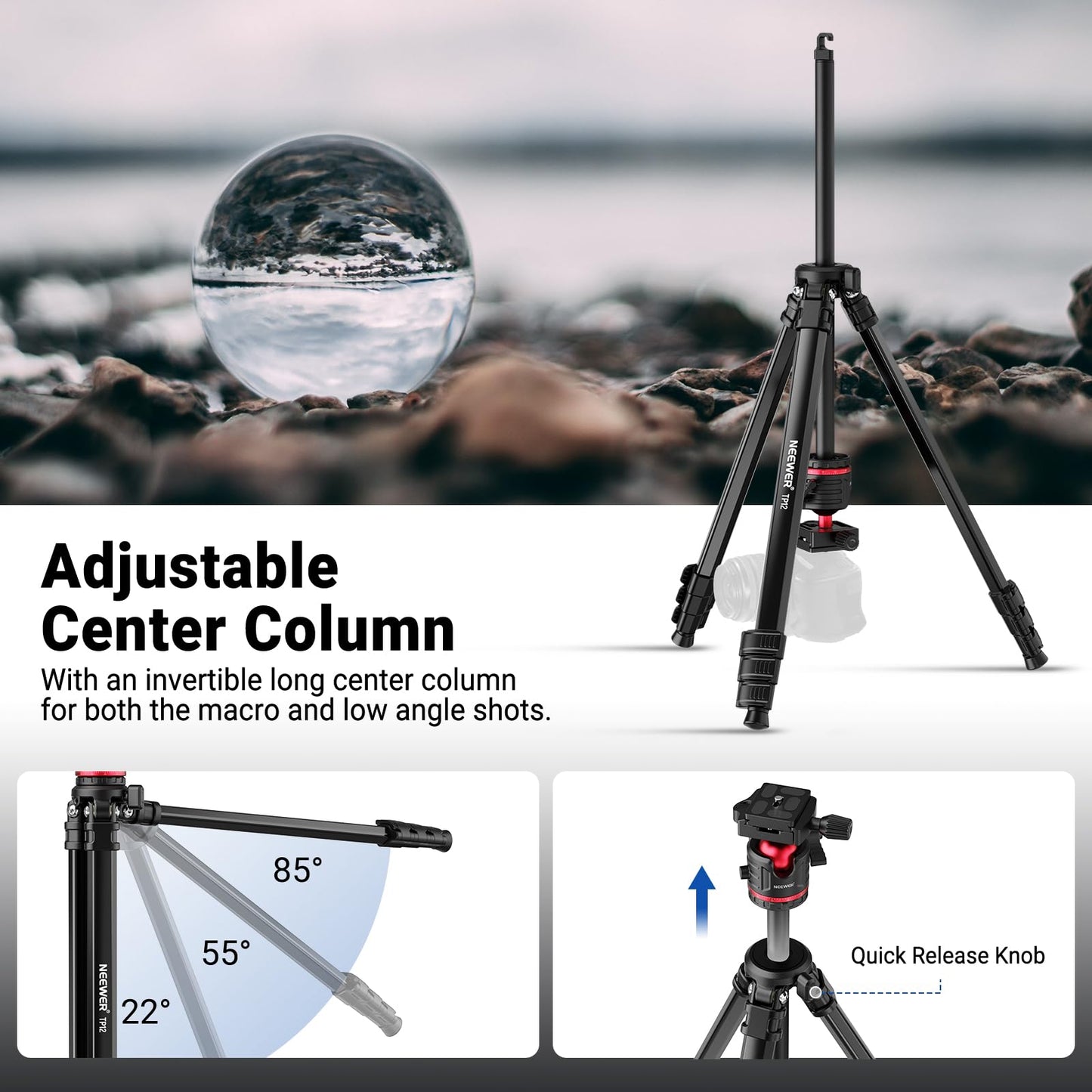 NEEWER Basics 66.5"/169 cm Travel Tripod for Camera, Lightweight Portable DSLR Stand with Ball Head, Arca Type QR Plate, Cell Phone Holder Compatible