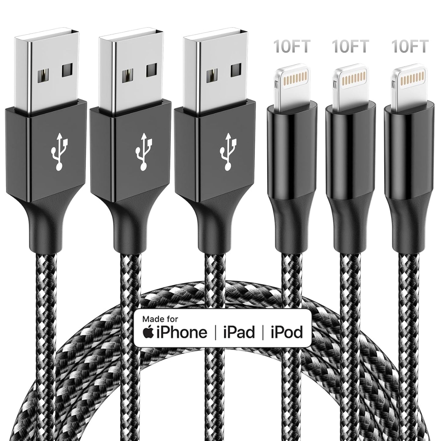 iPhone Charger,3 Pack 10 FT iPhone Charger Fast Charging Cord Apple MFi Certified Lightning Cable Nylon Braided Compatible with iPhone 14 13 12 11…