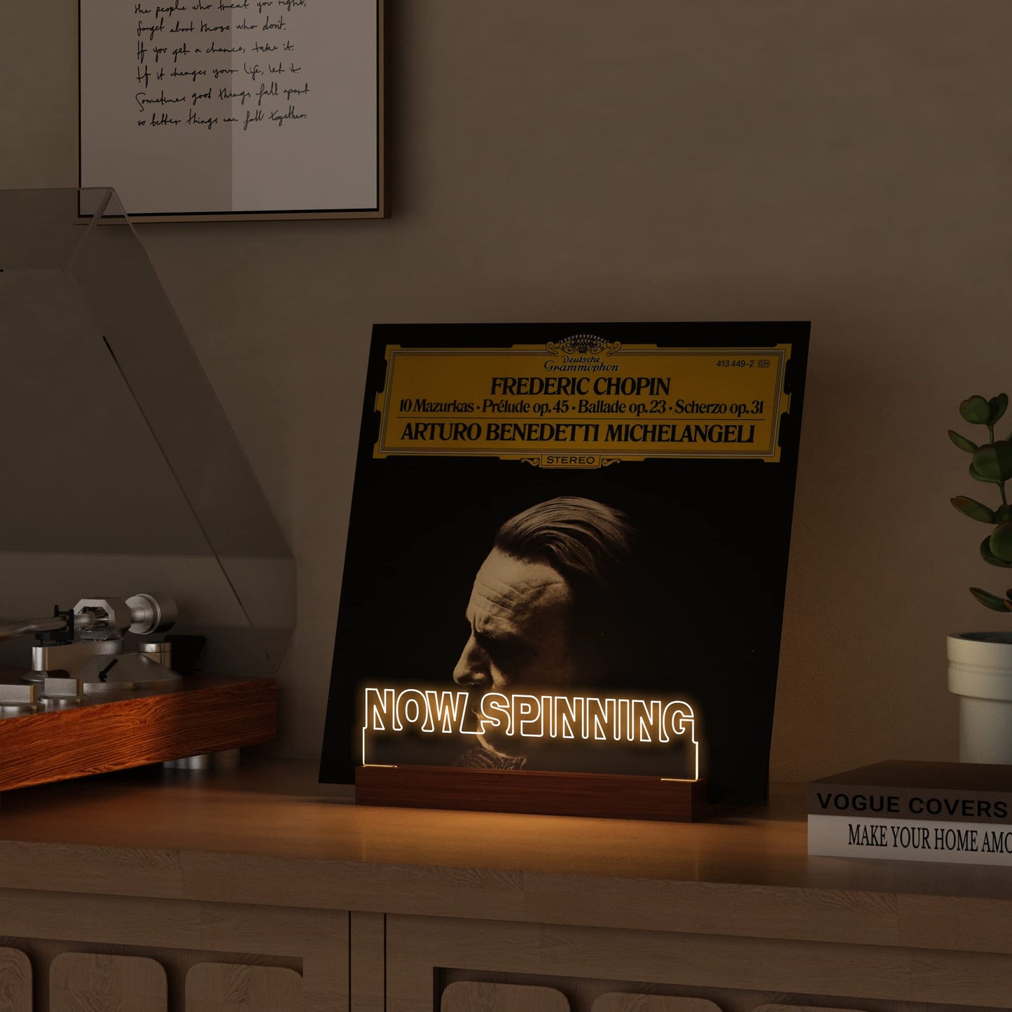 Light up Now Spinning Vinyl Record Stand, Now Playing Ammonite Record Stand, Wooden Acrylic Holder for Vinyl Album Display and Storage with Warm White