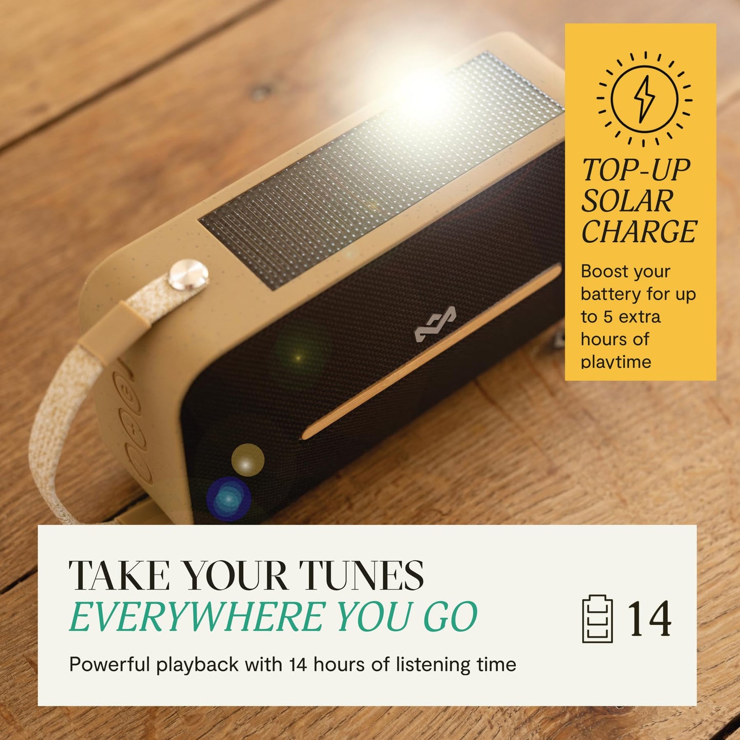 House of Marley Rise Up Solar Bluetooth Speaker, IP67 Waterproof, 14H Playtime, Solar Charging, Quick Charge, Eco-Friendly Recycled Materials, Bamboo