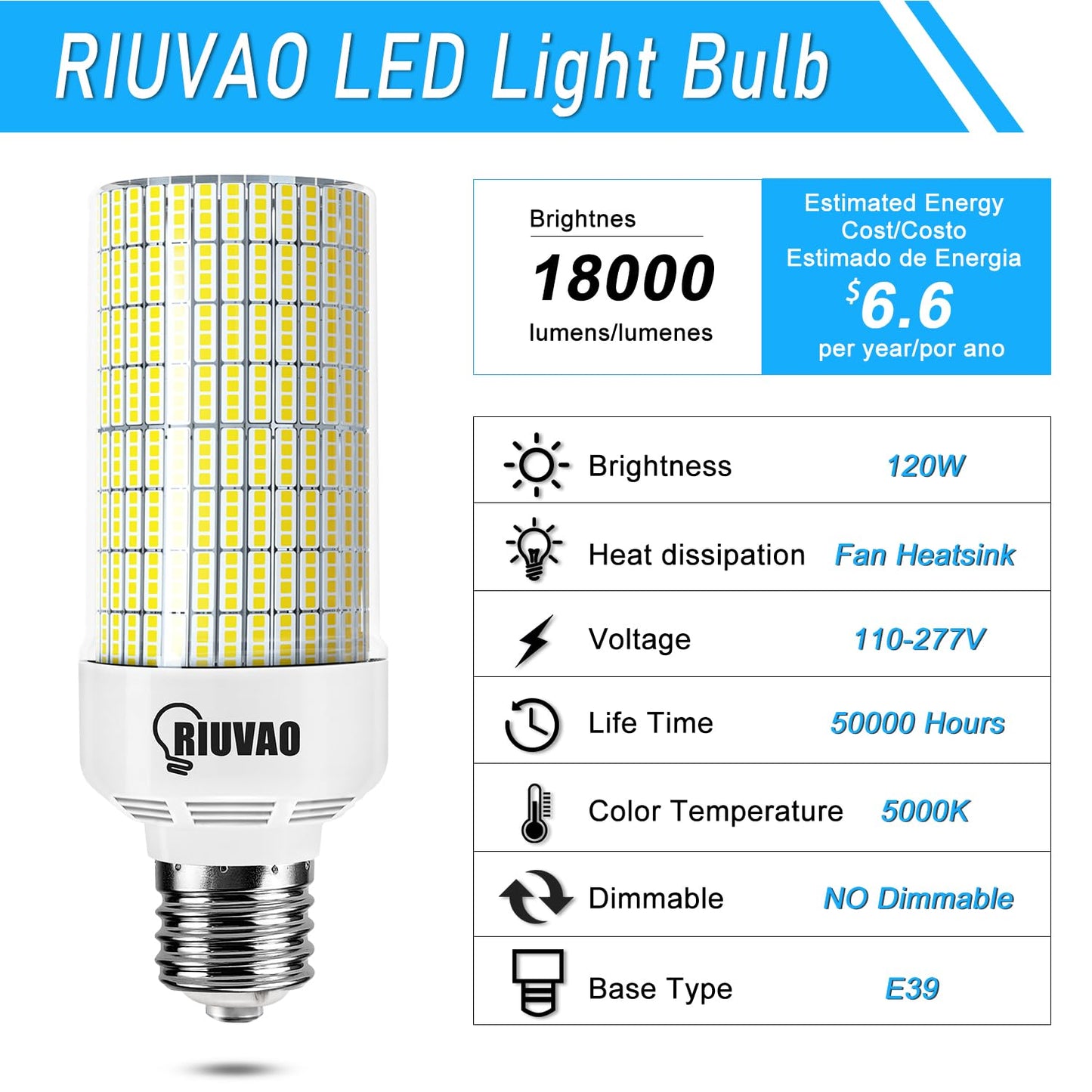 120W LED Corn Light Bulb 5000K Daylight 18000 Lumens Super Bright with Fan Radiator 1200W Equivalent E39/E40 Base LED Corn Bulb Suitable for outdoor