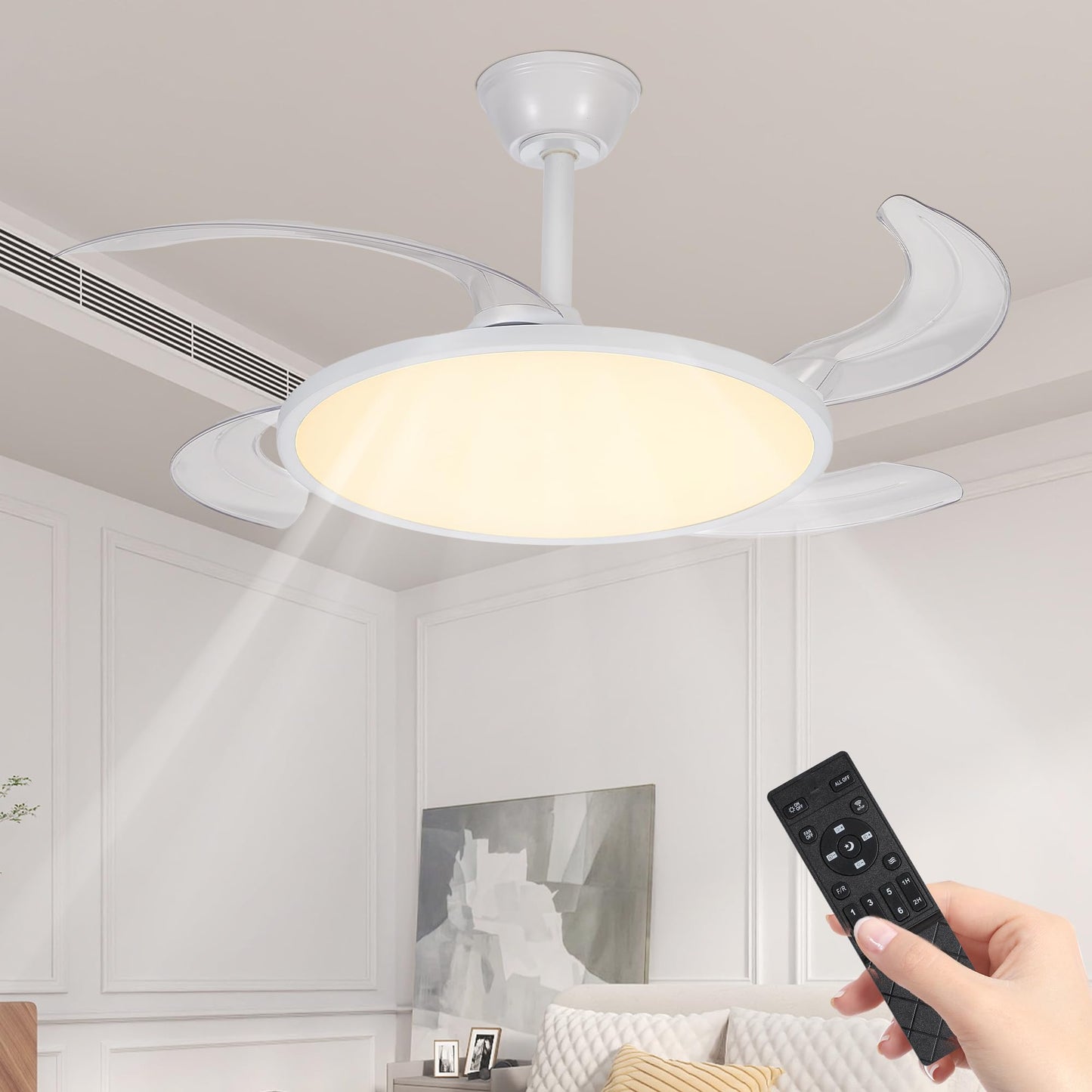 Ouimico 42 Inch Retractable Ceiling Fan with Light, APP & Remote Control, 6-Speed Reversible DC Motor, Dimmable 3 Color LED, Quiet Invisible Blades