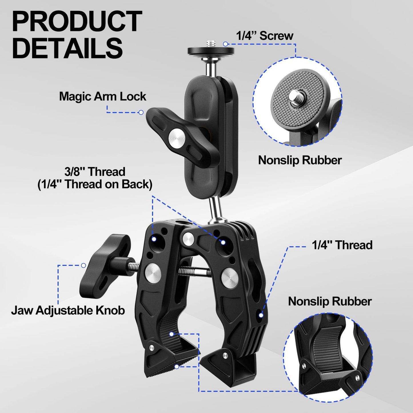 Super Clamp Camera Mount with 360 Dual Ballhead Magic Arm, 1/4"-20 & 3/8"-16 Thread and Phone/Action Camera Mount Adapter for Canon Nikon DSLR