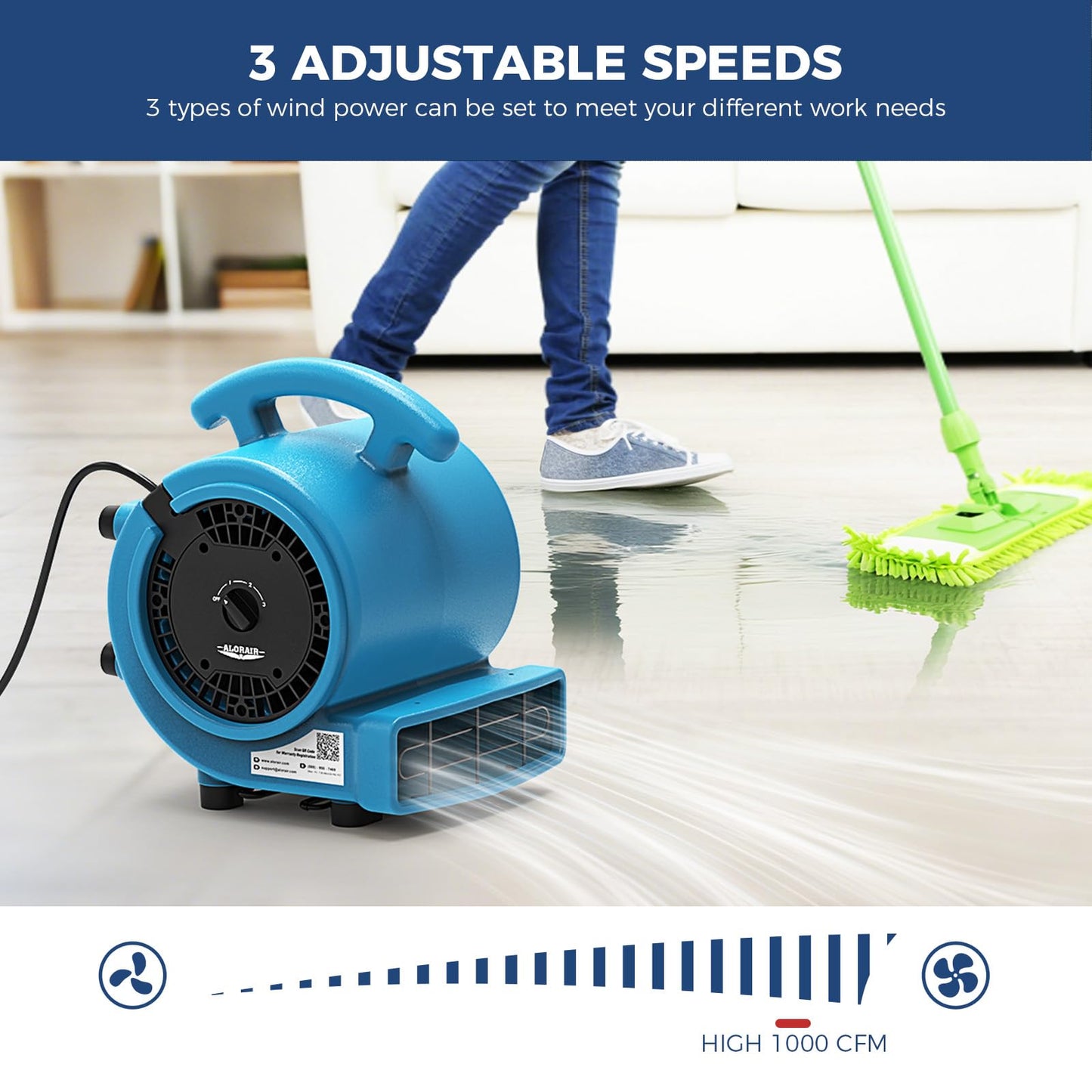 ALORAIR 3 Speed Air Mover Floor Fan 1000CFM Portable Blower Fan-GE1000