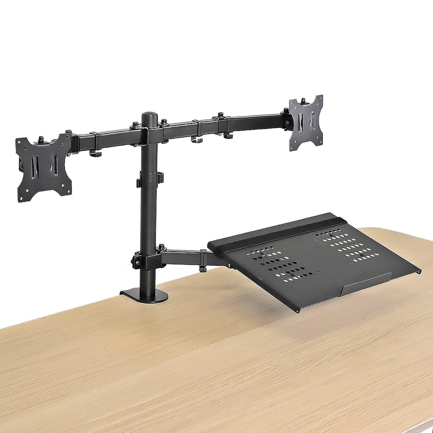 AEONS Dual Monitor and Laptop Desk Mount Combo Stand with Notebook Tray fits 17 inch, 3-in-1 Adjustable Triple Arm Mount fits 27 inch LCD Screen