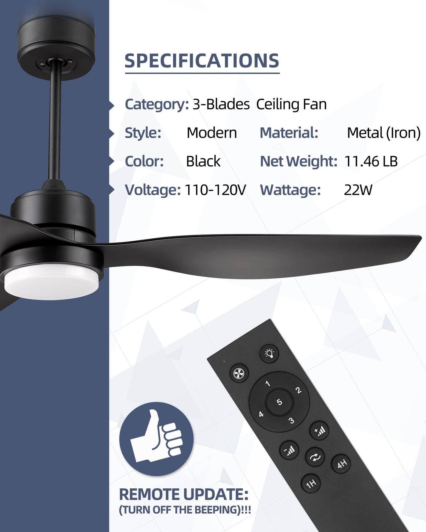YOUKAIN 52-Inch Indoor Outdoor Ceiling Fan with Lights, Remote, Matte Black