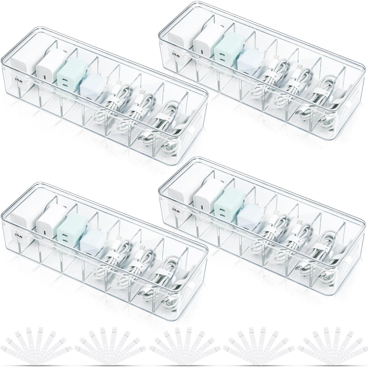 PIEMEET 4 Pack Cable Organizer Box, Plastic Cord Storage Box with Lid, Clear Cord Organizer with 8 Compartments and 40 Wire Ties, Charger Organizers