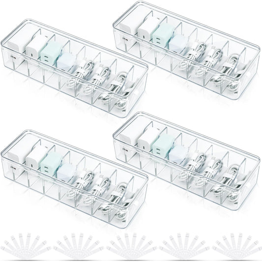 PIEMEET 4 Pack Cable Organizer Box, Plastic Cord Storage Box with Lid, Clear Cord Organizer with 8 Compartments and 40 Wire Ties, Charger Organizers