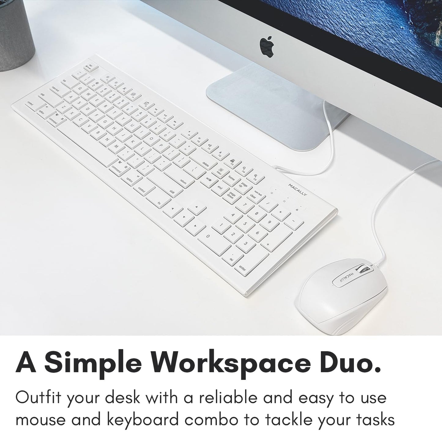 Macally 104 Key USB Wired Keyboard and Mouse Combo with Apple Shortcut Keys for Mac, iMac, Macbook, and Windows PC (MKEYECOMBO), White