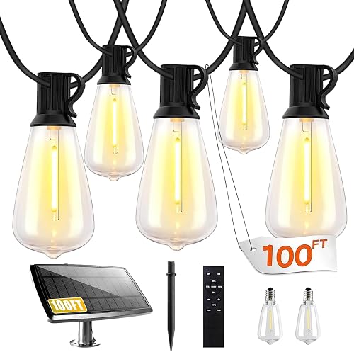 Bdrofn 100FT Solar String Lights Outdoor Waterproof, Solar Patio Lights with Remote Control & 30+2 Dimmable ST38 Edison Bulbs Shatterproof,Solar