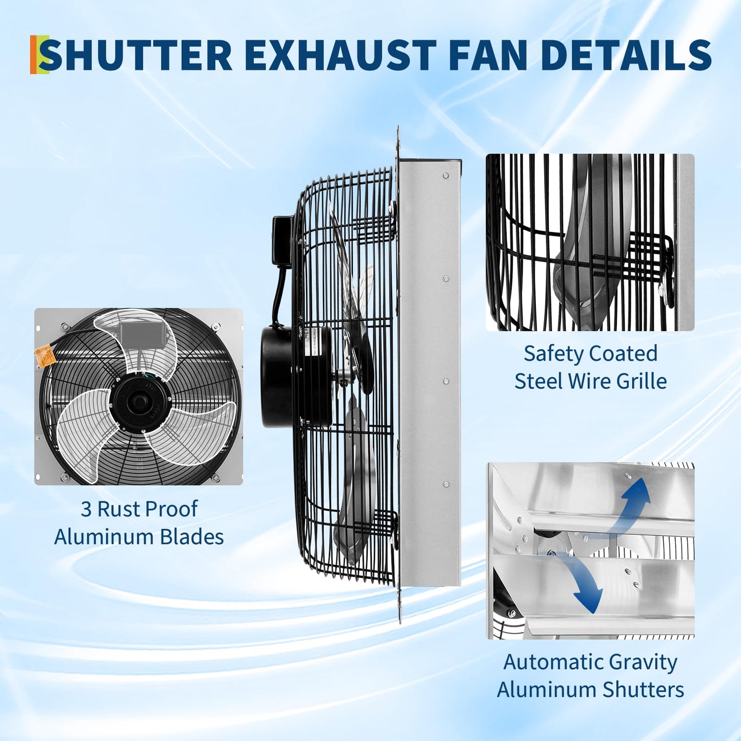 IDEALHOUSE 16 Inch Shutter Exhaust Fan, 2000 CFM Wall Mounted Ventilation Fan with Auto Shutters, Silver Carbon Steel for Attic, Garage, Greenhouse