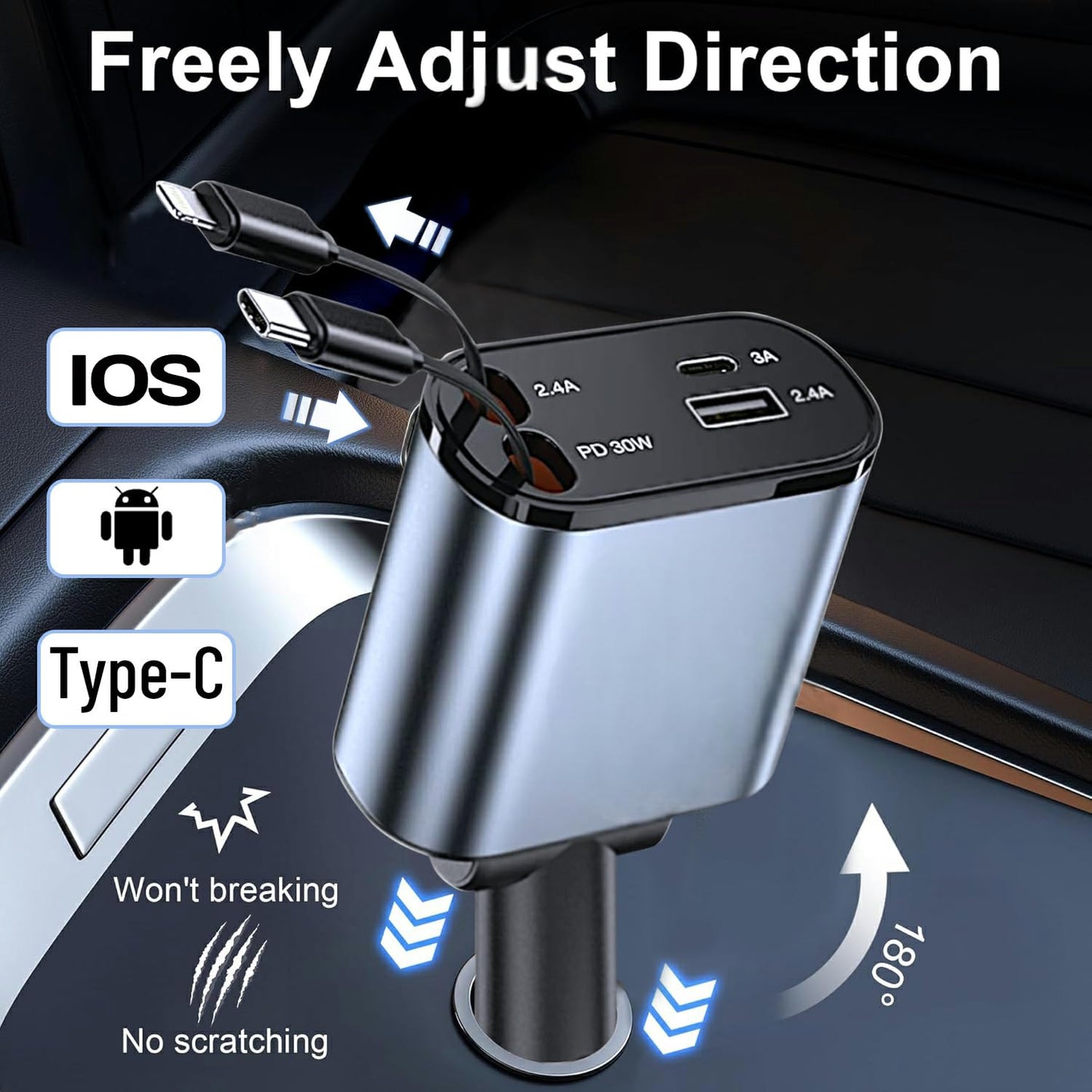 Retractable car Charger USB C, 4 in 1 Fast Car Phone Charger 120W, USBC and Lightening Car Adapter, iPhone 16 pro car Charger, Compatible with iPhone