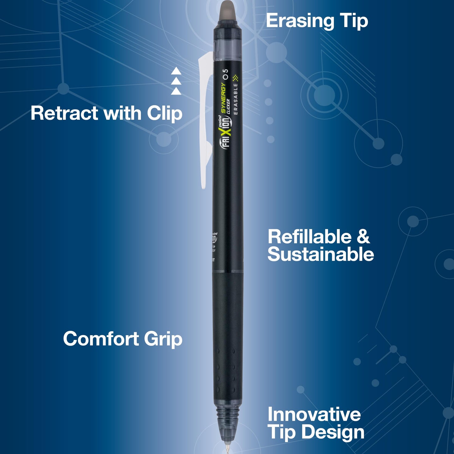 Pilot FriXion Synergy Clicker Erasable, Refillable, Retractable Gel Ink Pens, Extra Fine Point 0.5 mm, Pack of 5, Black Ink, FriXion Erasable Pens 0.5