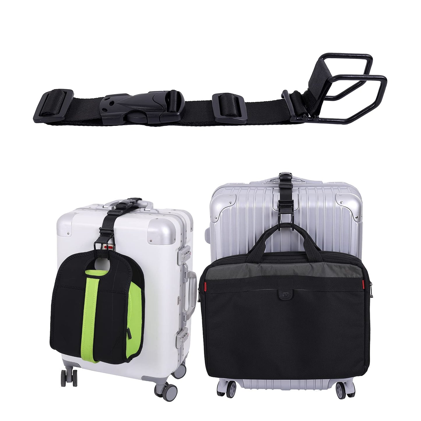 Luggage Hook Strap – Adjustable J Hook Add-a-Bag Strap for Suitcase, Hands-Free Travel Accessory for Carry-On & Extra Bags (Black, Medium)
