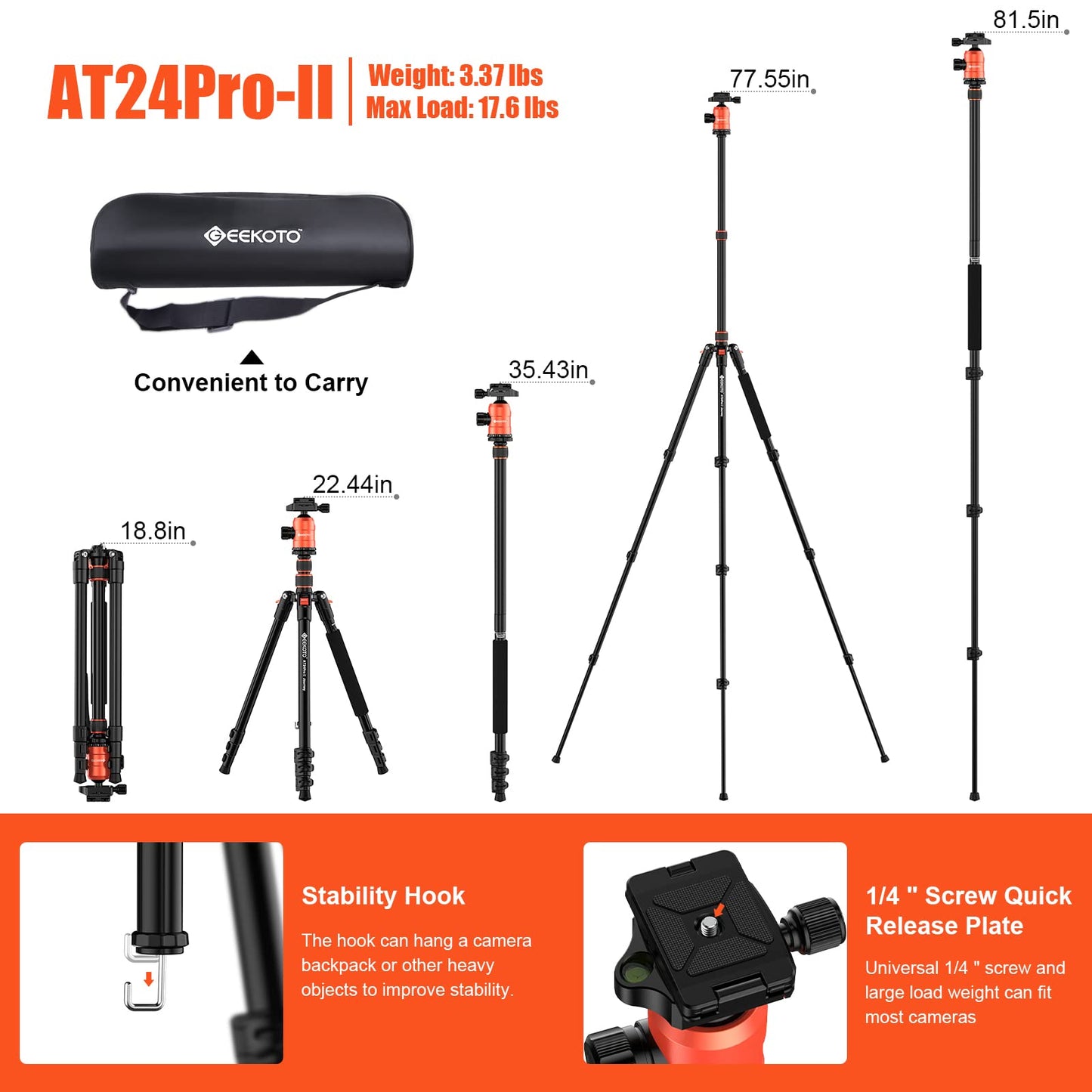 [Upgrade Version] GEEKOTO 77'' Aluminum Camera Stand & Monopod, Foldable Travel Gear with 360° Ball Head and Quick Release Plate for DSLR, Work,