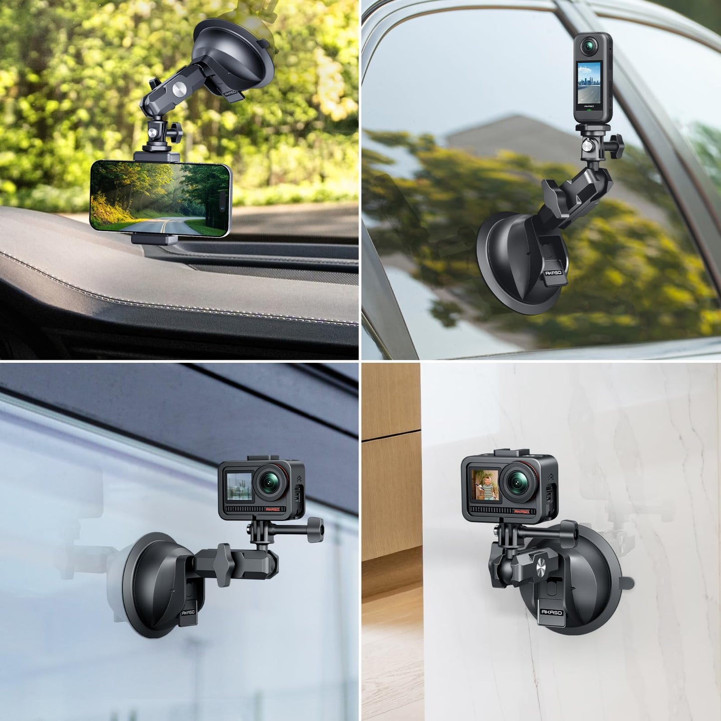 AKASO Suction Cup Car Mount with Phone Holder for GoPro Hero 13 12 11 10 9, Insta360 X5 X4 X3, DJI Action, Osmo 360, 360, EK7000/EK7000 Pro, Brave 4/4