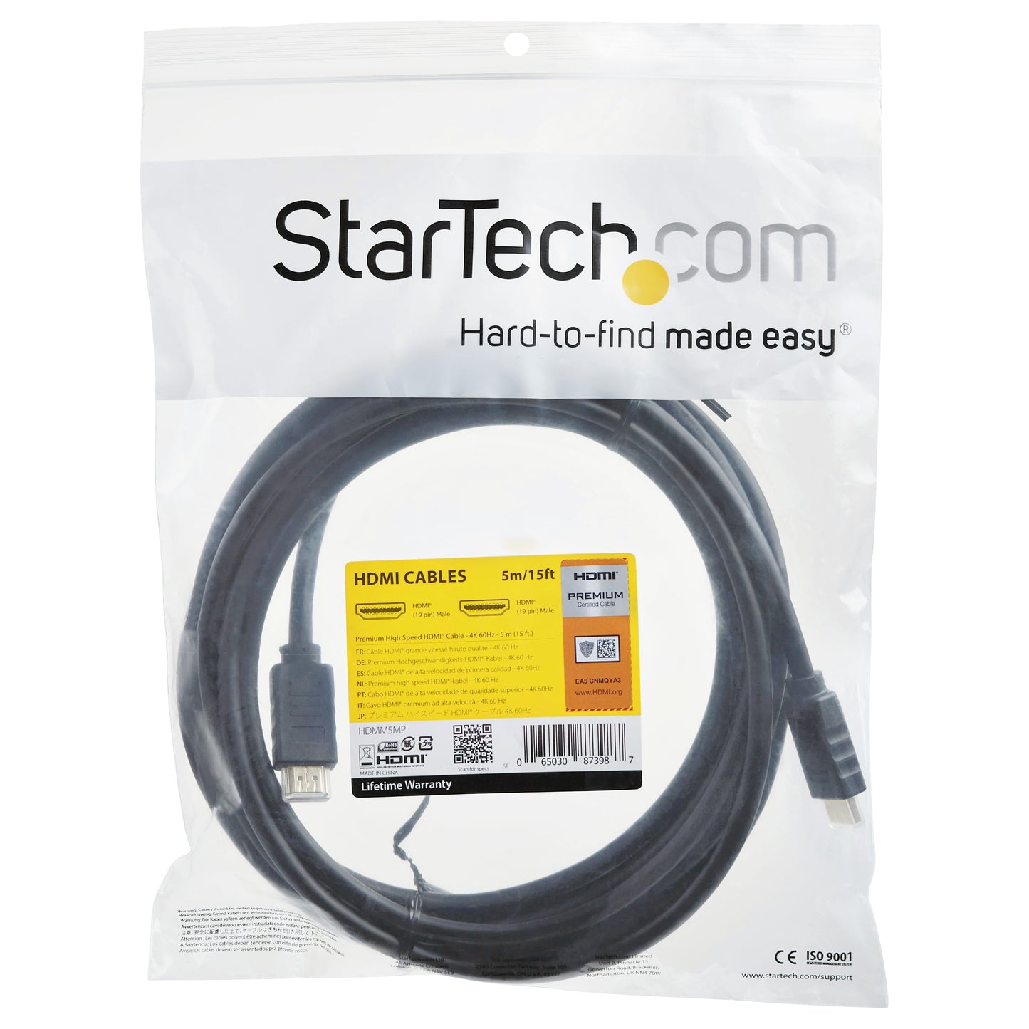 StarTech.com 15ft (5m) Premium Certified HDMI 2.0 Cable with Ethernet - High Speed Ultra HD 4K 60Hz HDMI Cable HDR10 - Long HDMI Cord (Male/Male