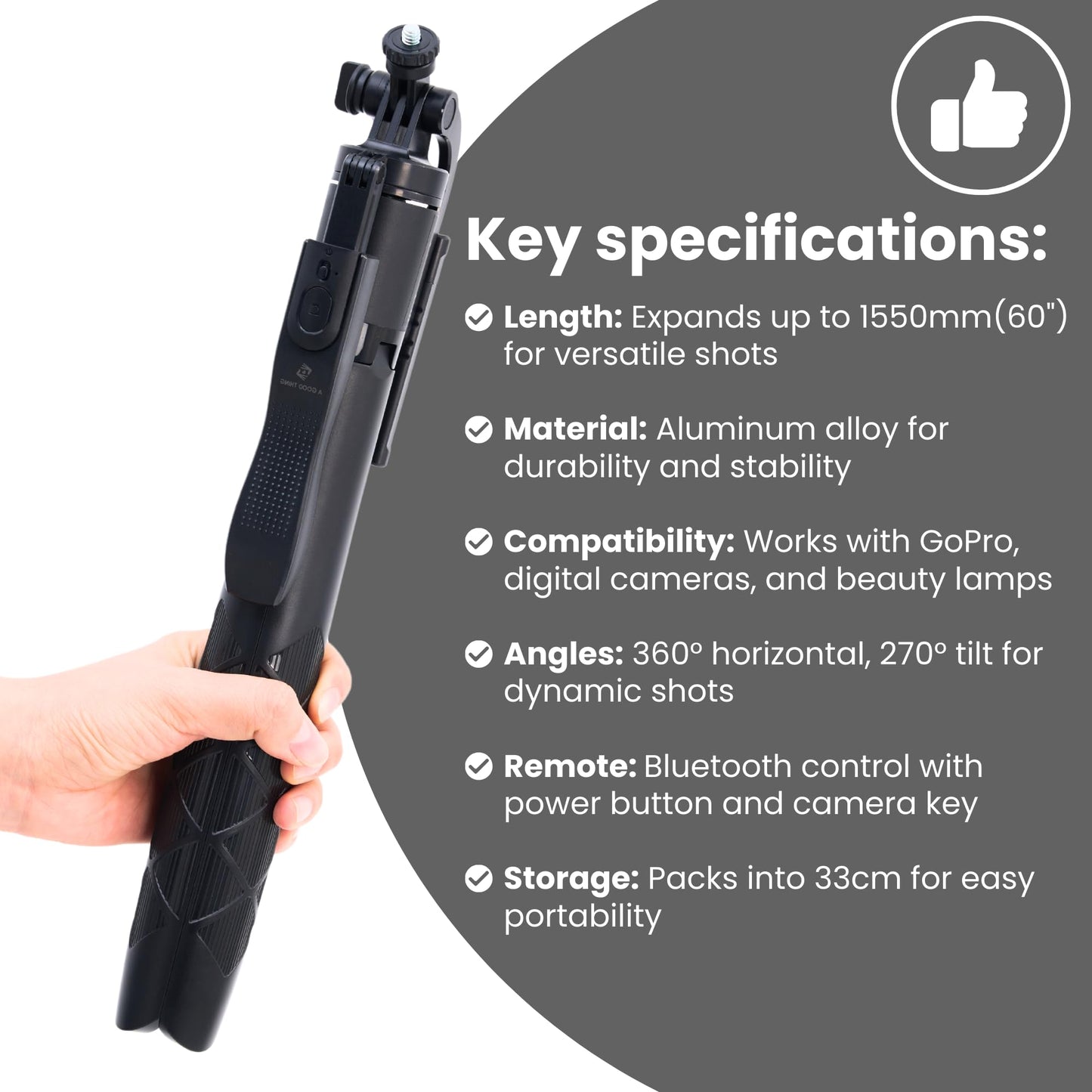 61" Selfie Stick Tripod with Wireless Remote - 360° Rotating Phone Tripod Stand, Foldable & Portable Design - Compatible with Smartphones, GoPro