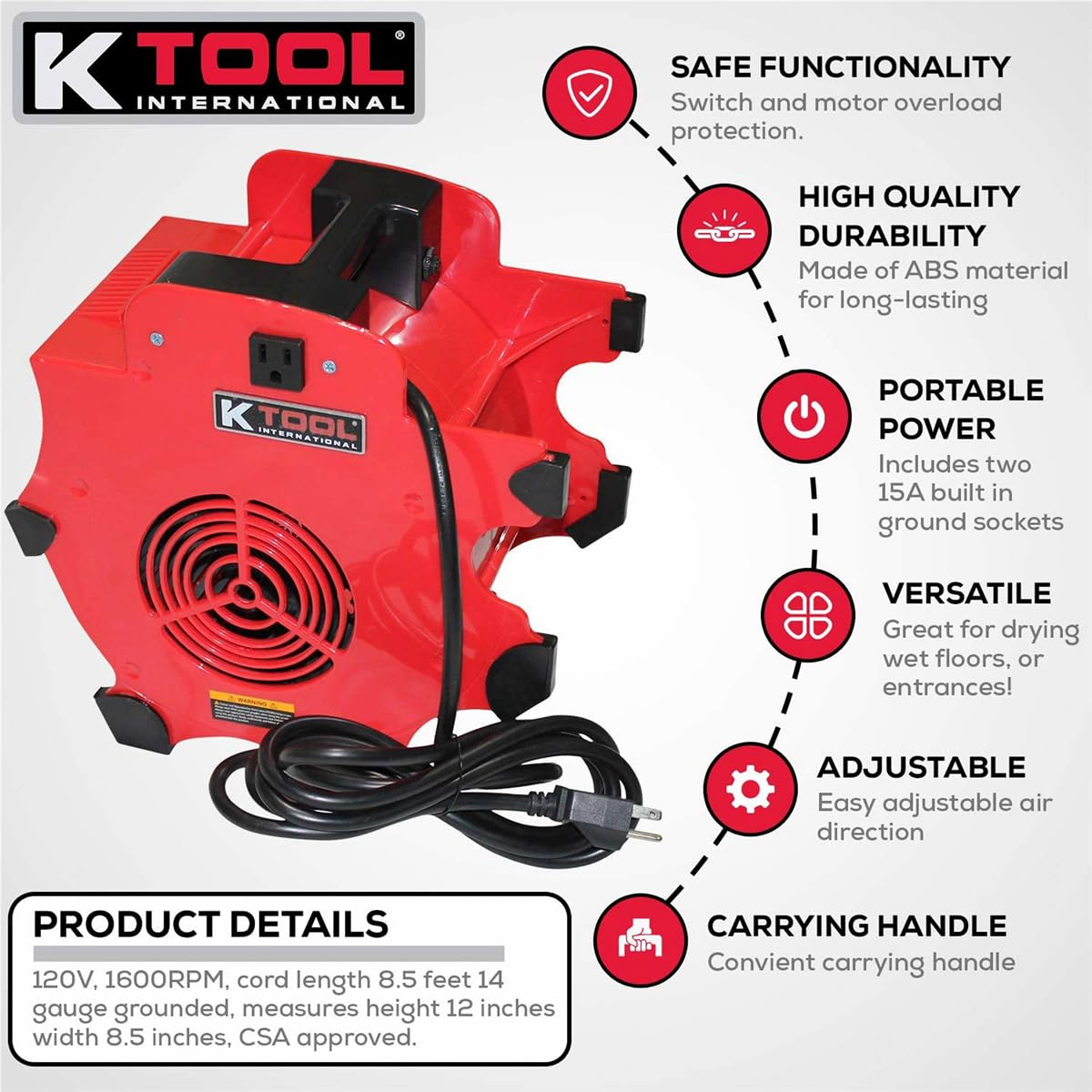 K Tool International 77702 Utility Floor Blower Fan, 300 CFM, 3 Speed Motor, Overload Protection, Impact Resistant ABS, 180 Watt, 110-120V, 60Hz, 12