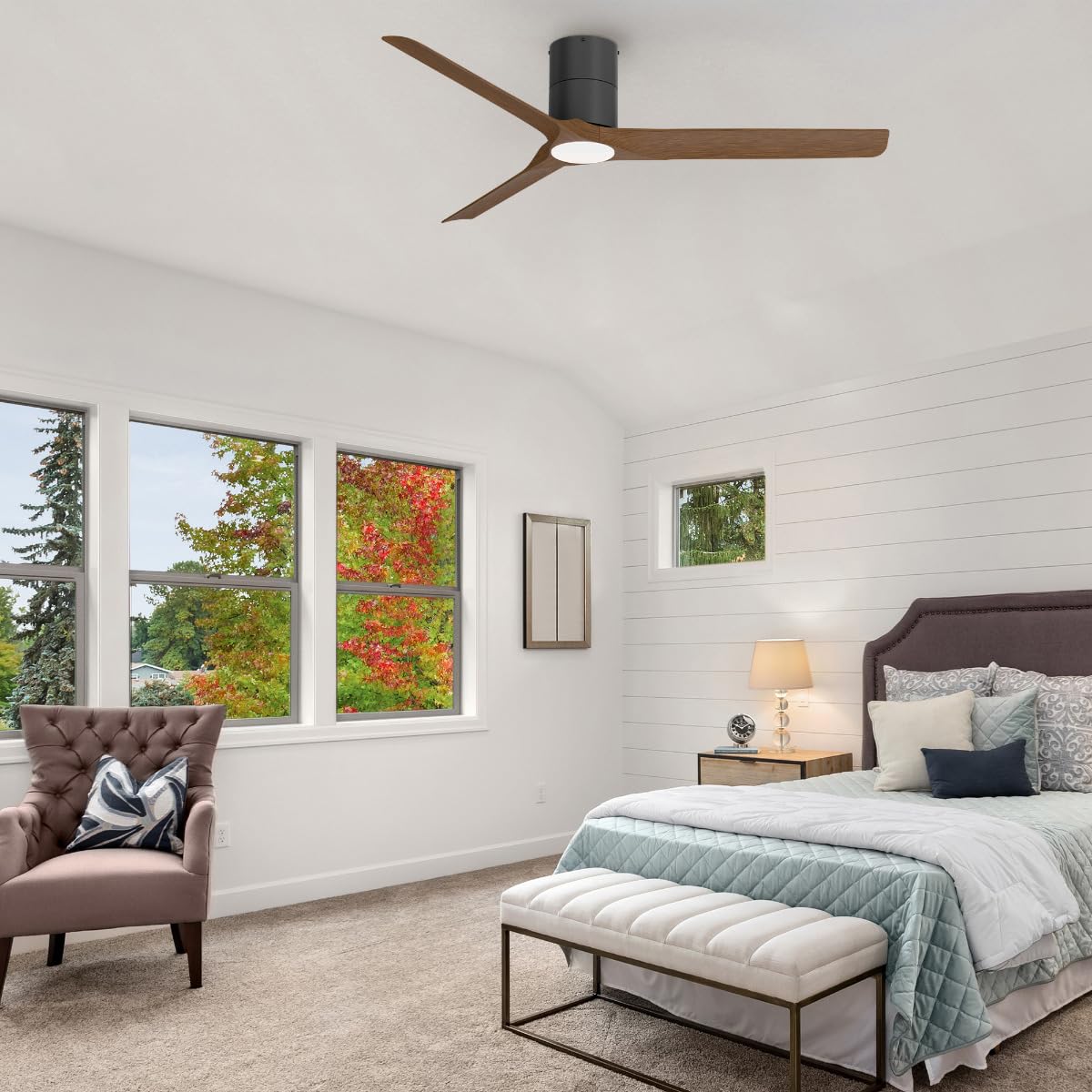 East Grove Home Delta Indoor or Outdoor 52in 3-Blade Smart Flush Mount Ceiling Fan 2700K-6000K CCT Tunable Range LED Light Kit with Black Hardware in