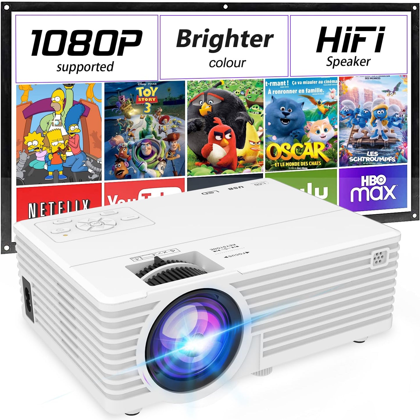 Mini Video Projector, 1080P Supported, Portable Outdoor Movie Projector, 176" Display Compatible with TV Stick, HDMI, USB, VGA, AV for Home