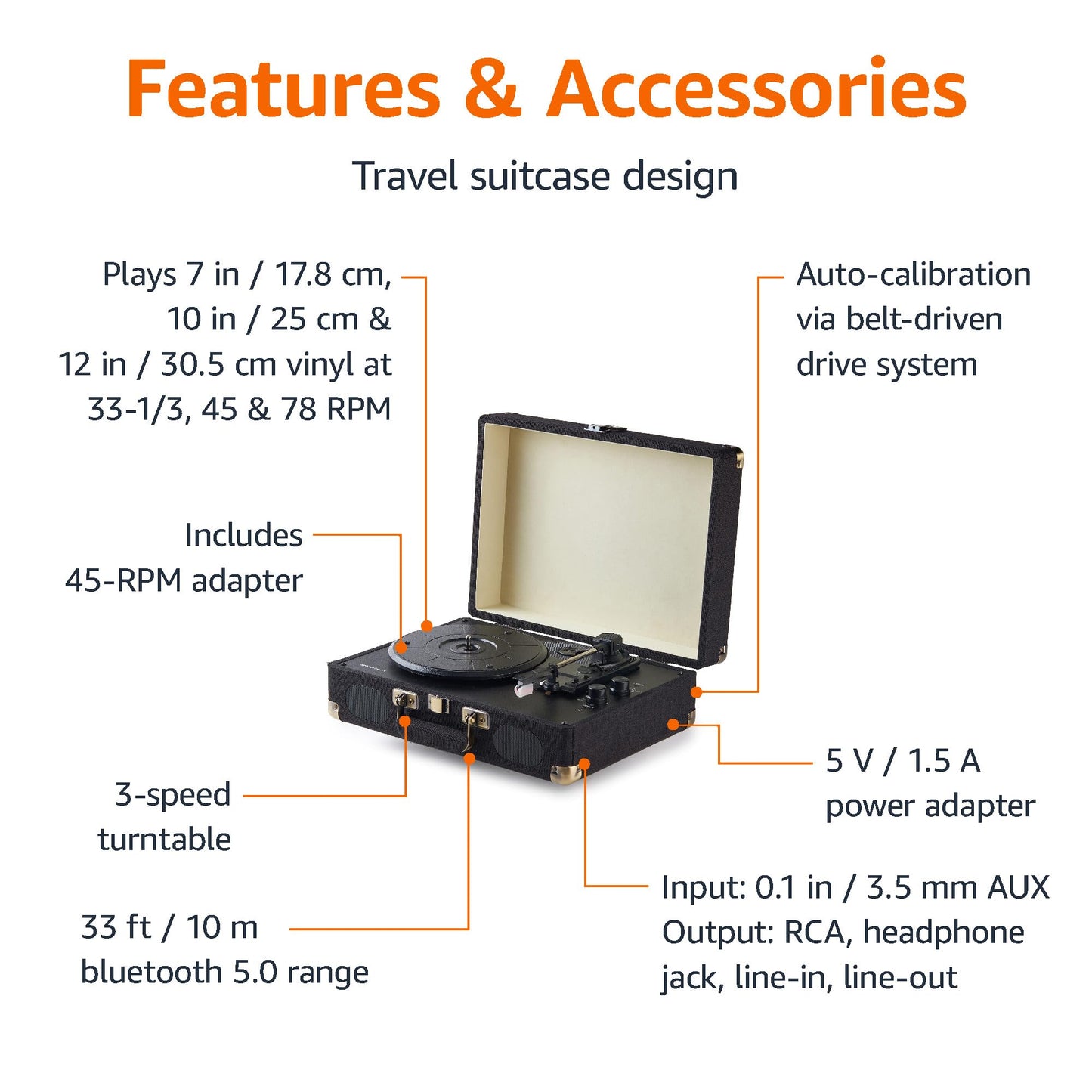 Amazon Basics Portable Suitcase Vinyl Turntable Record Player with Built-in Stereo Speakers, Belt Drive, 3-Speed, Bluetooth Playback, Black