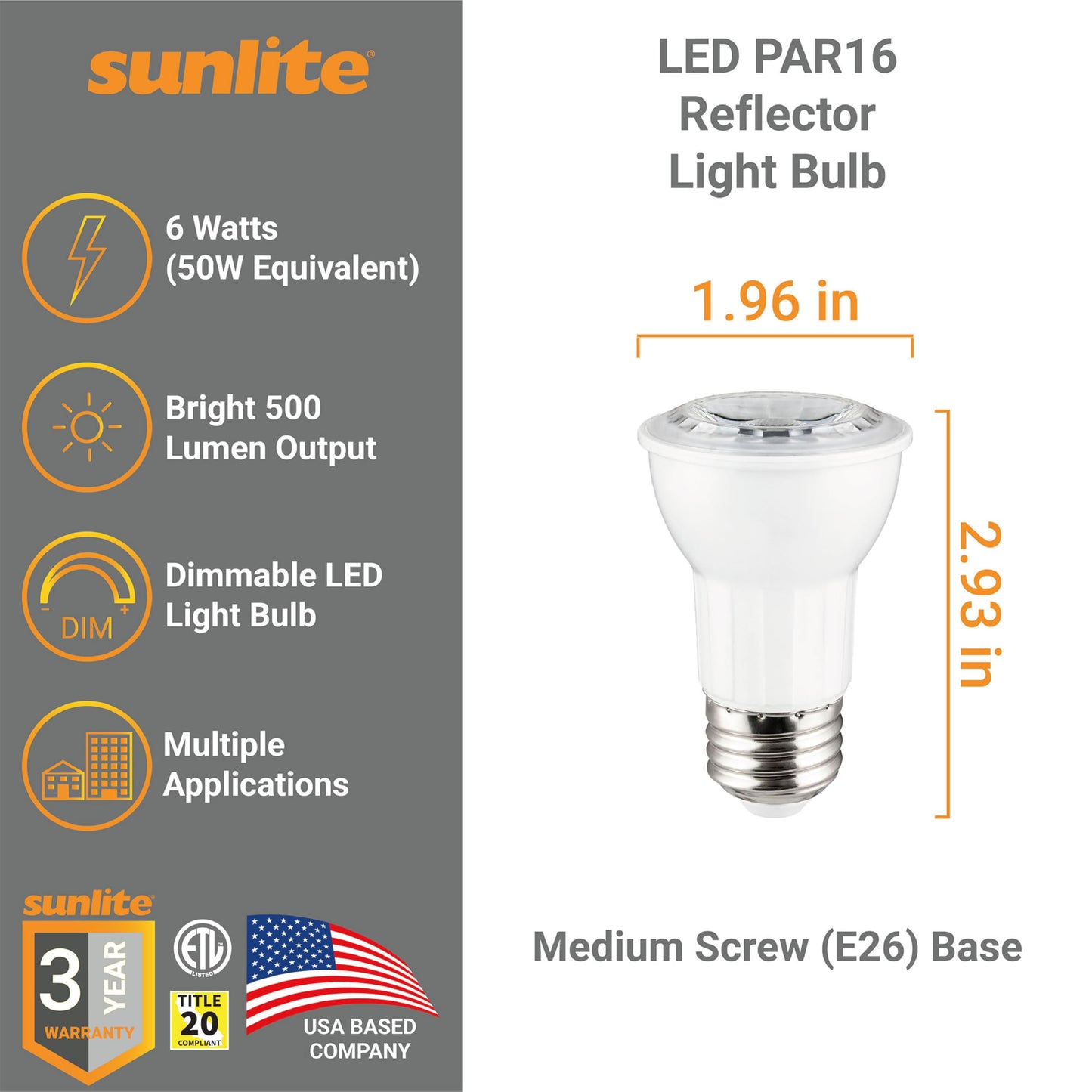 Sunlite LED PAR16 Long Neck Recessed Spotlight Light Bulb, 6 Watts (50W=), 500 Lumens, Medium E26 Base, Dimmable, 90 CRI, ETL Listed, Title-20