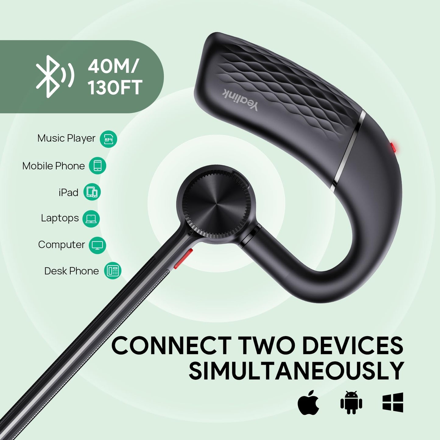 Yealink Bluetooth Headset BH71 Lite Wireless Bluetooth Earpiece for Cell Phone with Noise Canceling Mic, Single Ear Headsets with Microphone