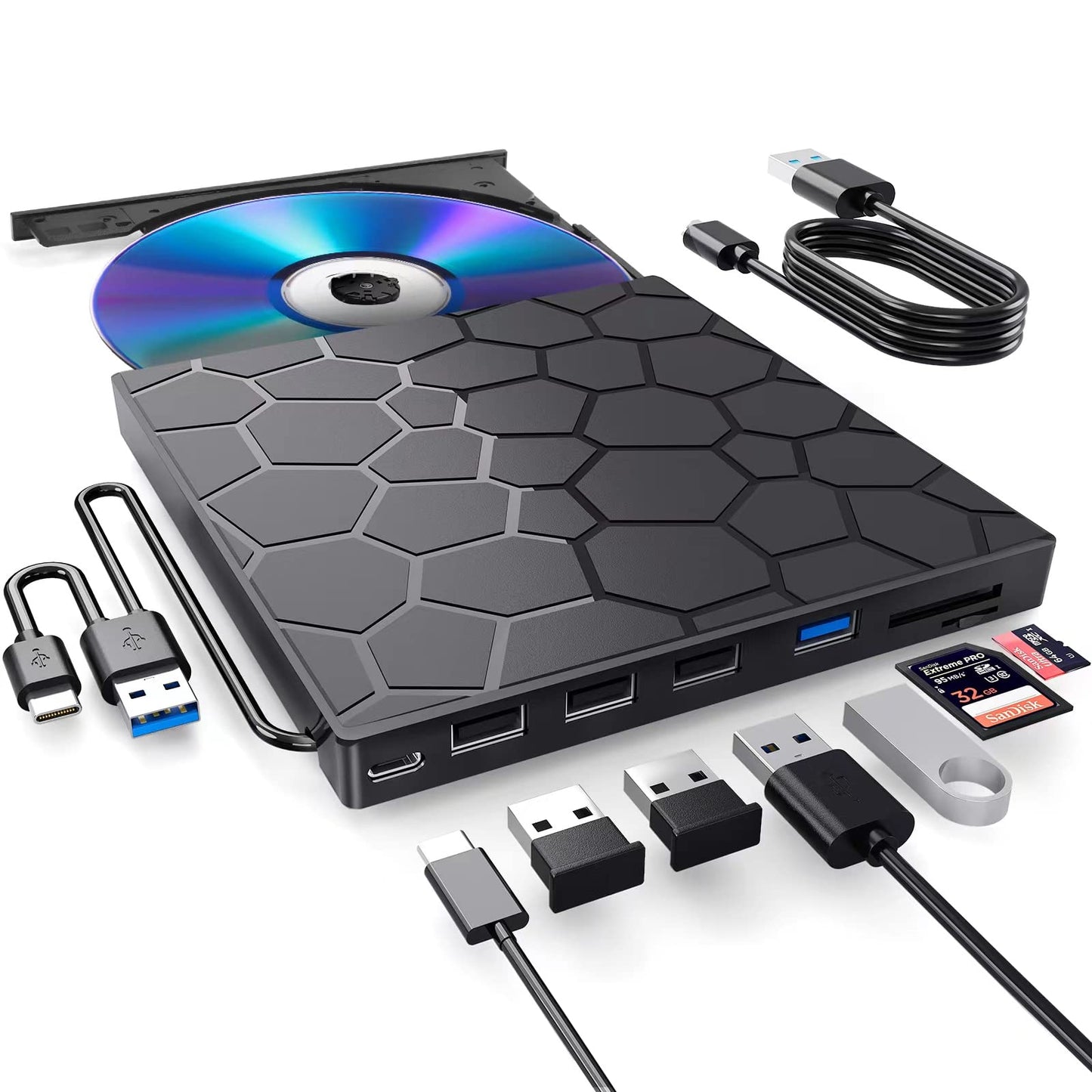 BPAKDU External CD/DVD Drive for Laptop, DVD Player for Laptop, 8 in 1 USB 3.0 Ultra-Slim Portable, CD Burner External Disk Drive Optical Compatible
