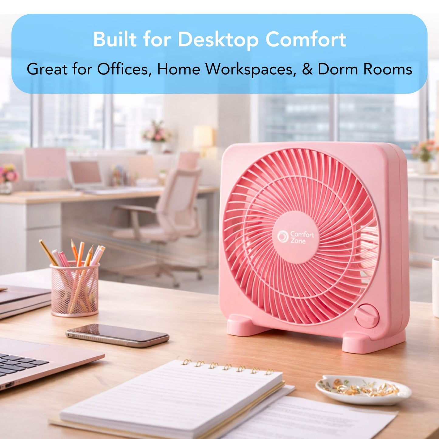 Comfort Zone 9-inch Portable Box Fan, Pink