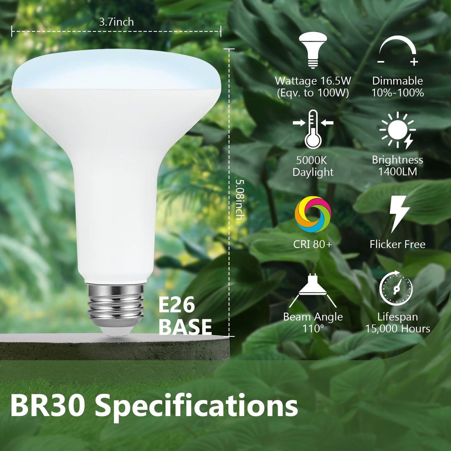 Sigalux BR30 LED Flood Light Bulbs, 16.5W Equivalent 100W, 1400LM, Dimmable, 5000K Daylight, CRI 80, 110° Beam Angle, E26 Base, Energy-Efficient