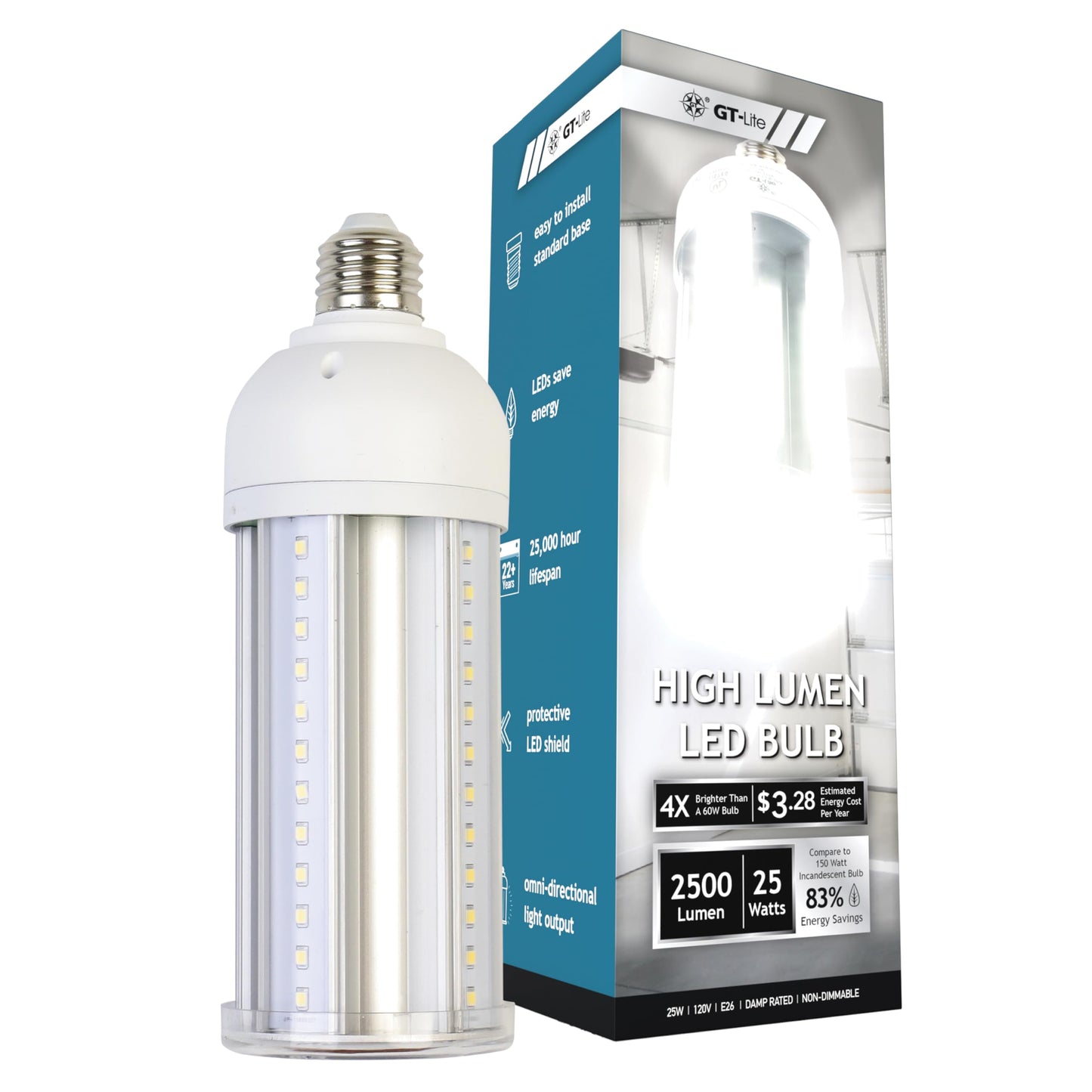 GT-Lite LED Corn Cob Bulb, 25W (150W Equivalent), 2500 Lumen, Daylight 5000K, 25-Year Lifetime, E26 Base Energy Saving LED Light for Indoor Outdoor