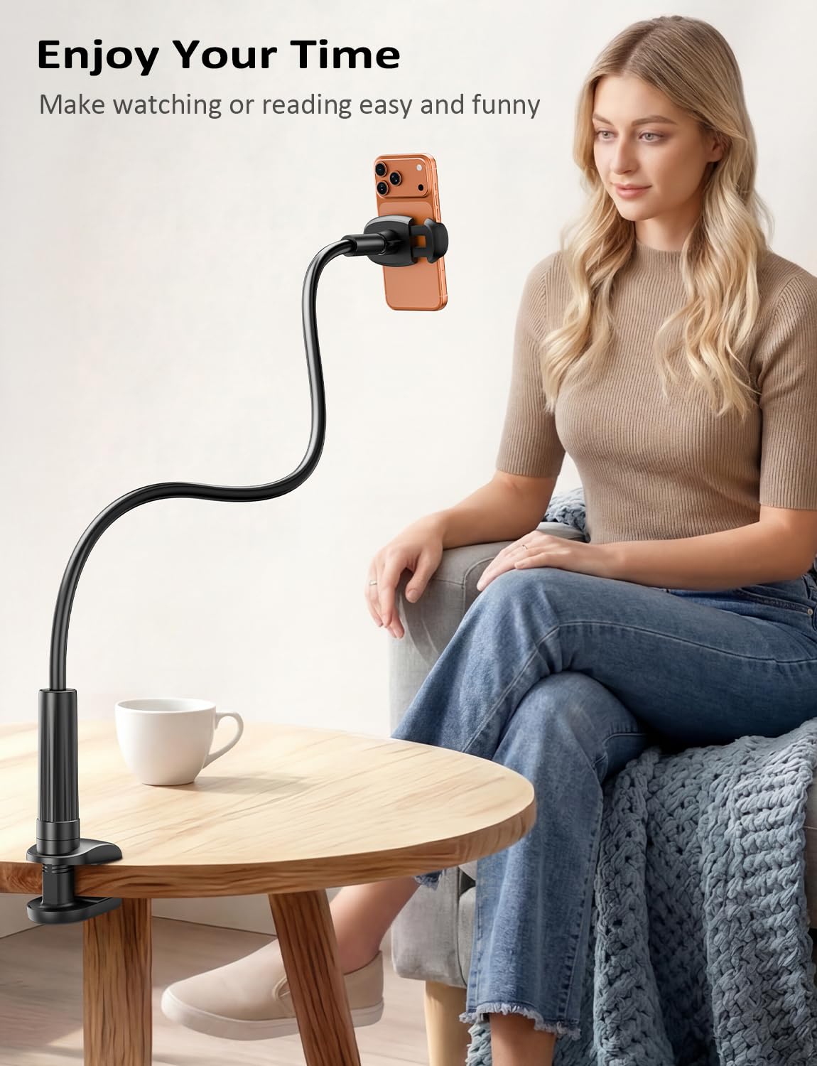 Tryone Gooseneck Phone Holder Hands-Free for Phone Viewing Or Recording, Adjustable Stable Metal Cell Stand Mount for Desk Table Bed, Soporte para