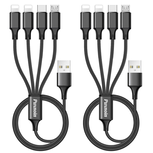 Puxnoin Multi Charging Cable, 2Pack 4FT 4 in 1 Charging Cable for Multiple Devices, Braided Universal Phone Charger Cord with Type-C, Micro USB, IP