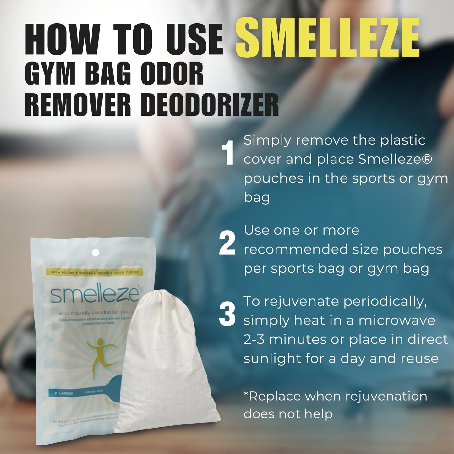 SMELLEZE Reusable Gym Bag Odor Remover Deodorizer Pouch: Gets Stink Out From Any Bag Without Scents