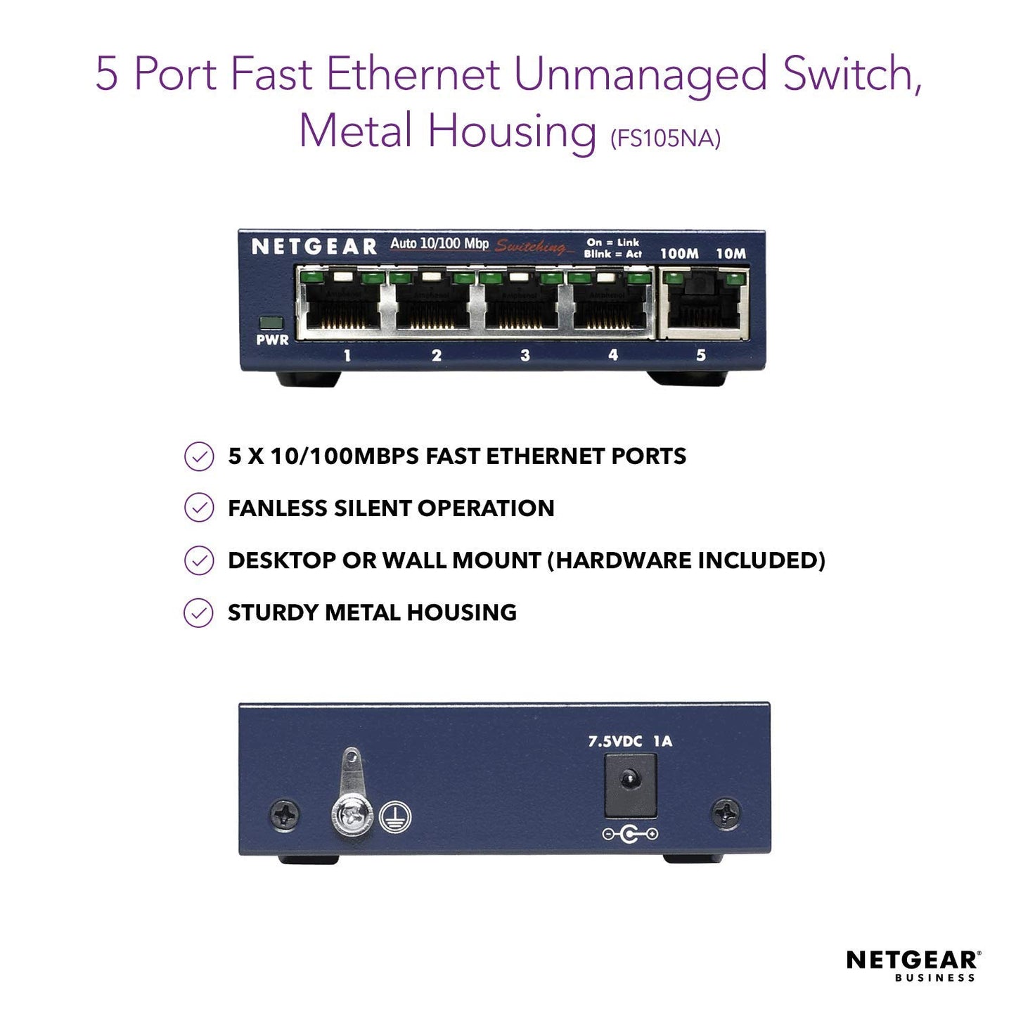 NETGEAR 5-Port Fast Ethernet 10/100 Unmanaged Switch (FS105) Desktop and ProSAFE Lifetime Protection, Blue