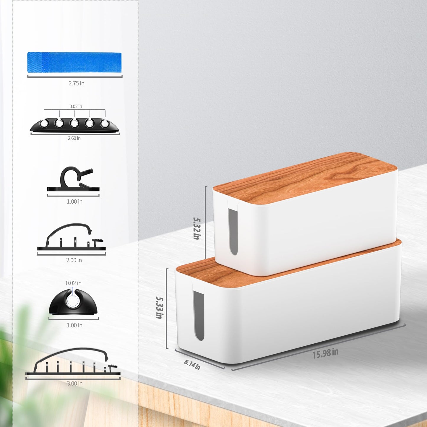 Cable Management Box 2 Pack with 16 Cable Clips Set-Large & Medium & Small Wooden Style Cable Organizer Box to Hide Wires&Power Strips | Cord
