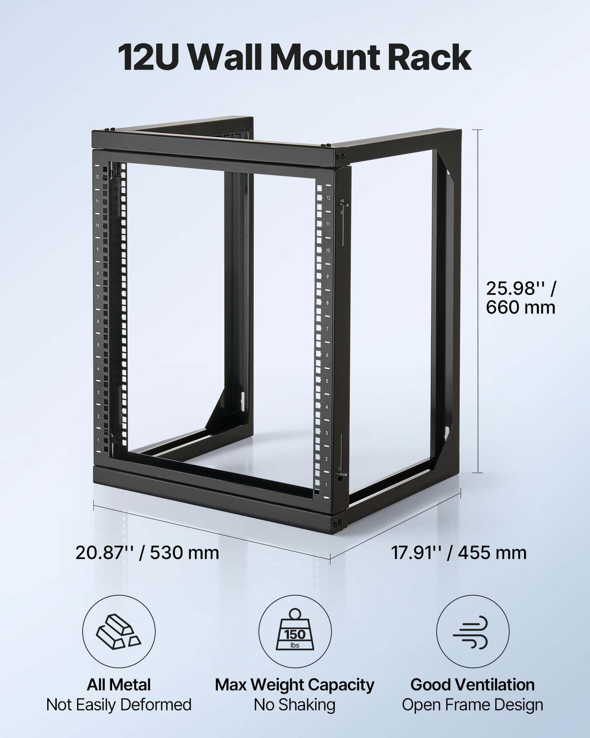 VEVOR 12U Wall Mount Server Rack, 150 lbs Max Load Capacity, Open Frame Network Rack with 180 Degrees Gate Swing, Carbon Steel, for 19-Inch IT Network