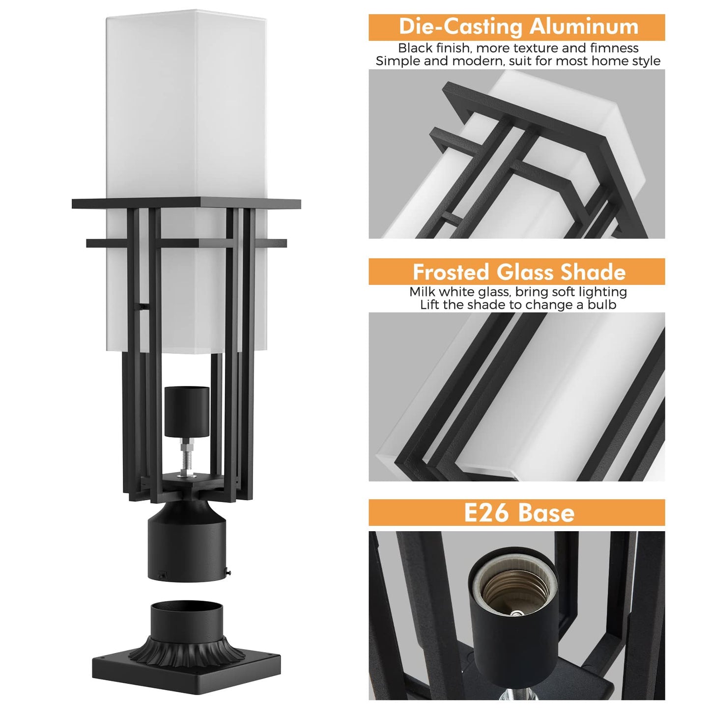 Yoenecea Outdoor Post Light Fixture - Aluminum Lamp Posts Outdoor Lighting, Outdoor Lightpost Lantern with 3-Inch Pier Mount Base Outside Pole