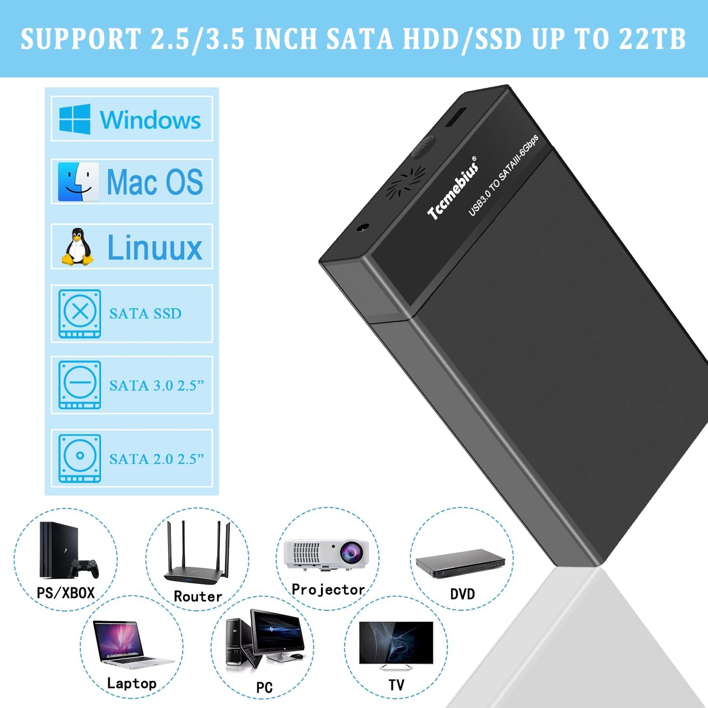 Tccmebius External Hard Drive Enclosure USB 3.0 Docking Station for 2.5 3.5 Inch SATA HDD SSD Up to 22TB, with 12V/3A Power Supply, USB A/C Cable