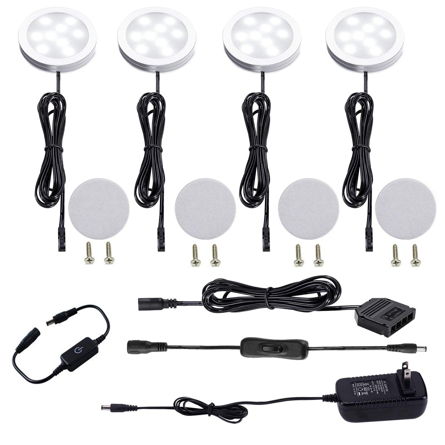 AIBOO Under Cabinet LED Puck Lights Kit with Touch Dimming Switch for Ambiance Atmosphere Night Lighting (4 Lights,Daylight White)