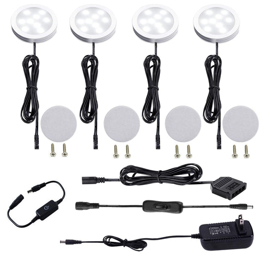AIBOO Under Cabinet LED Puck Lights Kit with Touch Dimming Switch for Ambiance Atmosphere Night Lighting (4 Lights,Daylight White)