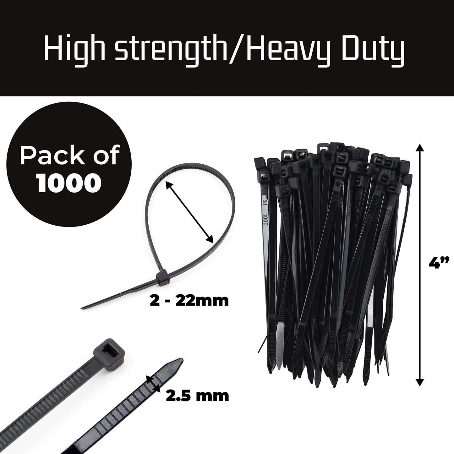 Bolt Dropper 4" Black Zip Cable Ties (1000 Pack), 18lbs Tensile Strength - Heavy Duty, Self-Locking Premium Nylon Cable Wire Ties for Indoor