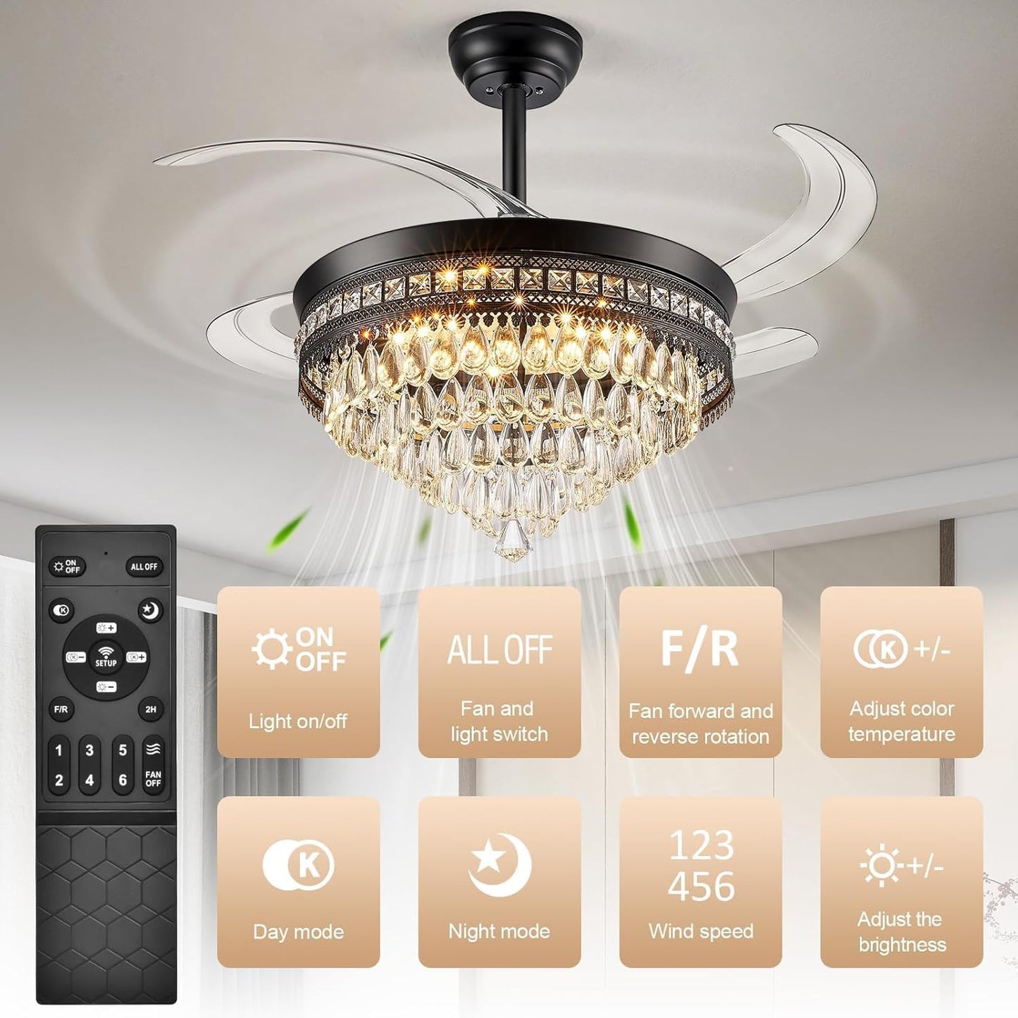 48''Fandelier Ceiling Fan with Light,3 Color Temperature/6 Wind Speed